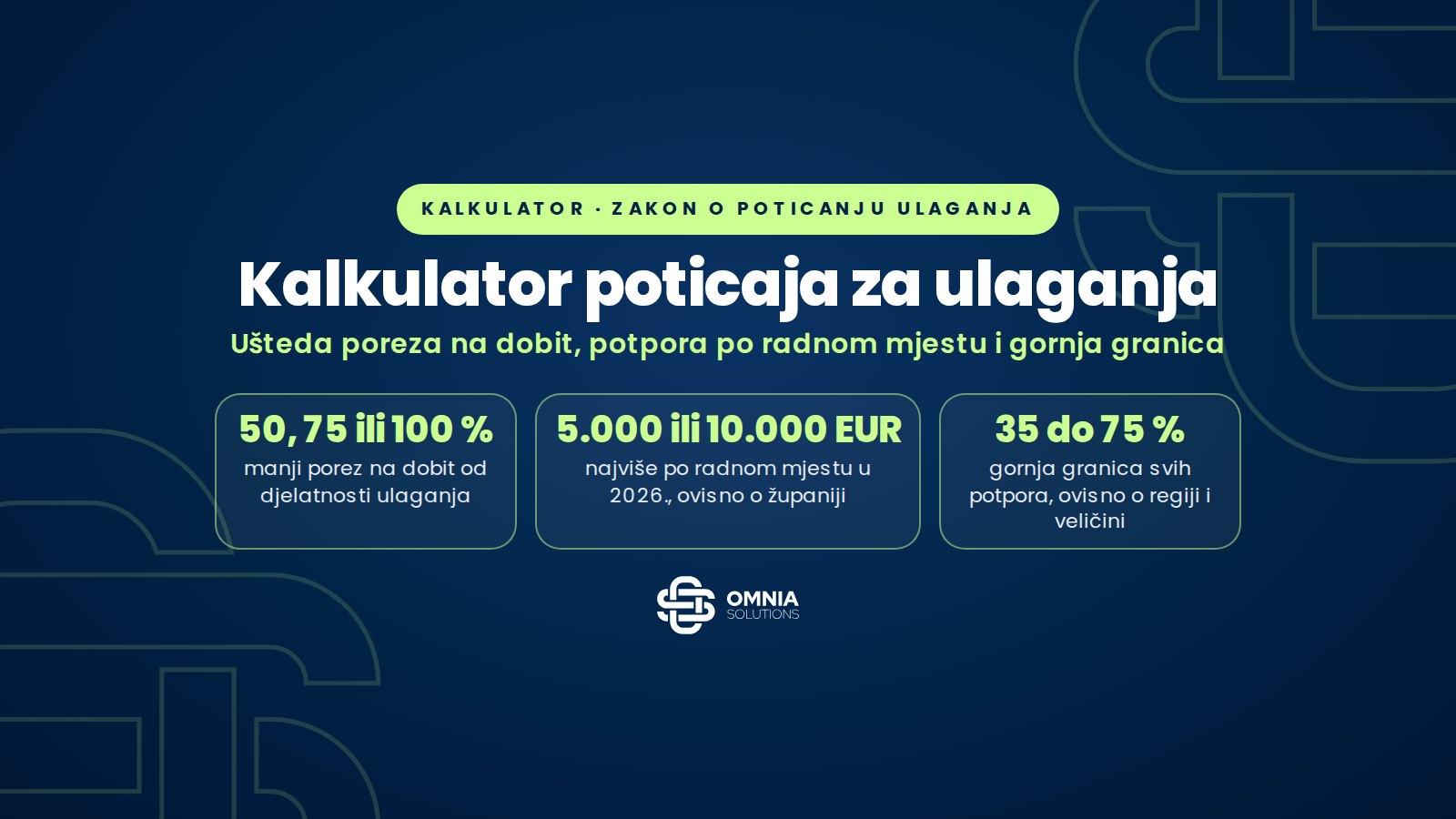 Kalkulator poticaja za ulaganja 2026. s izračunom uštede poreza na dobit i potpore za nova radna mjesta, Omnia Solutions